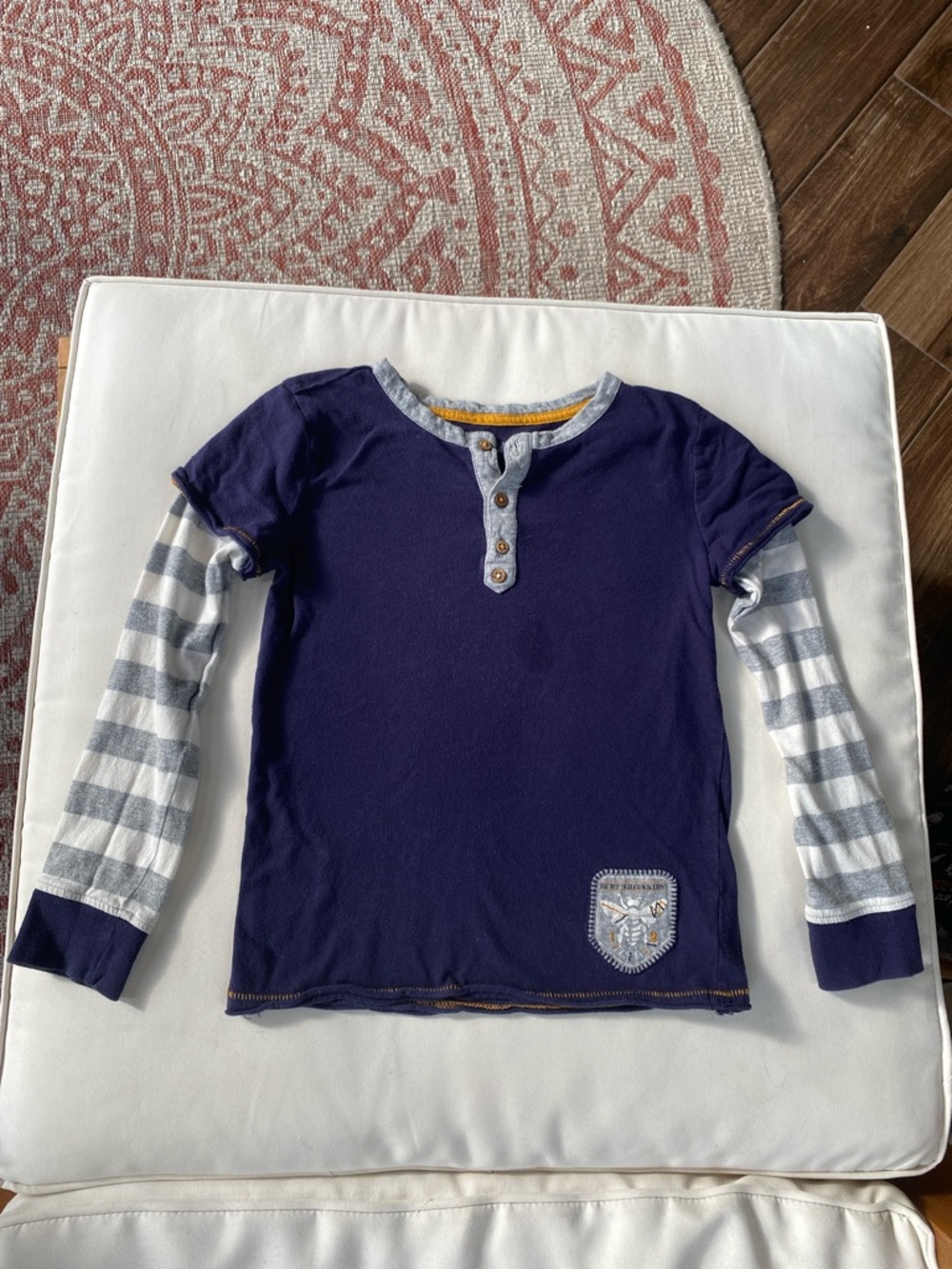 Kids Navy Layered-Look Henley Top with Gray Striped Sleeves